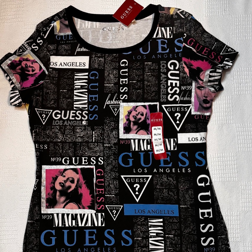 Guess Women’s Short Sleeves T-Shirt Black with Allover Logo Scoop Neck Medium